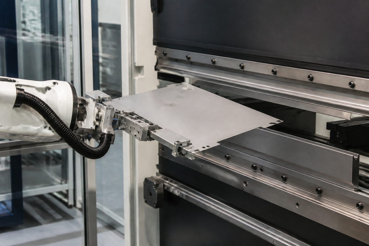 Robot gripper holding sheet at the brake