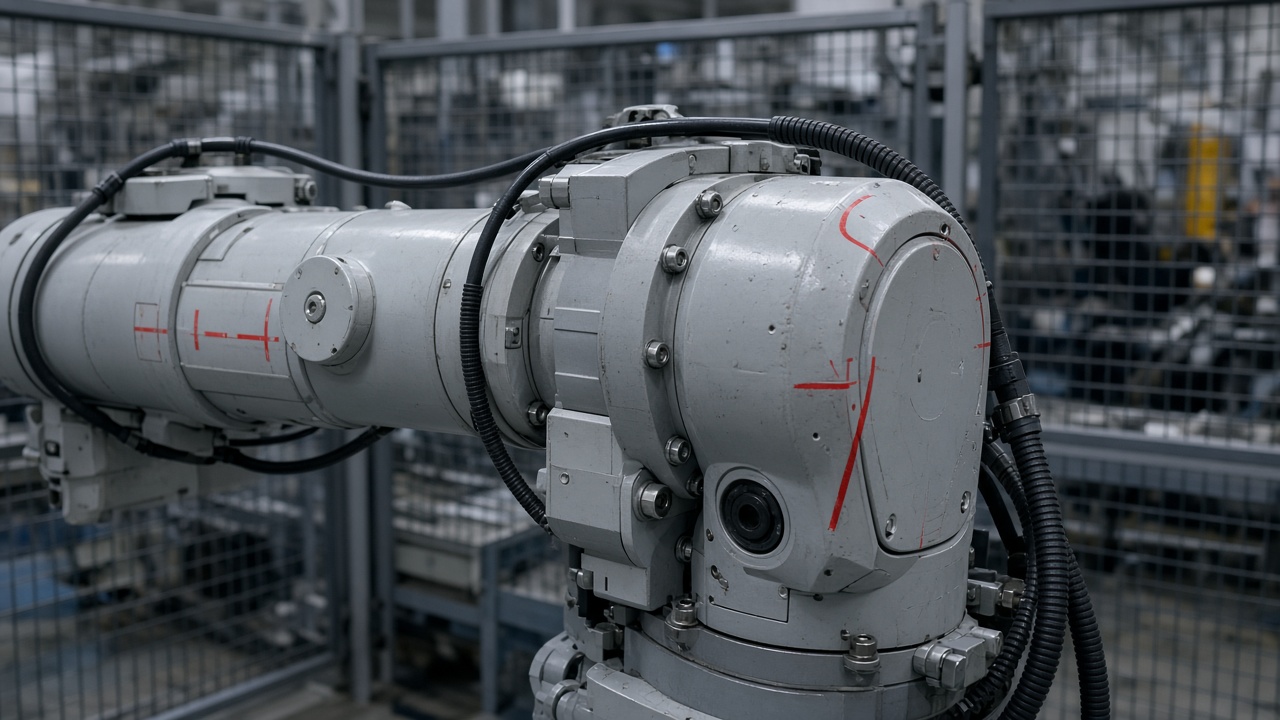 Robot joint housings with mastering reference marks visible