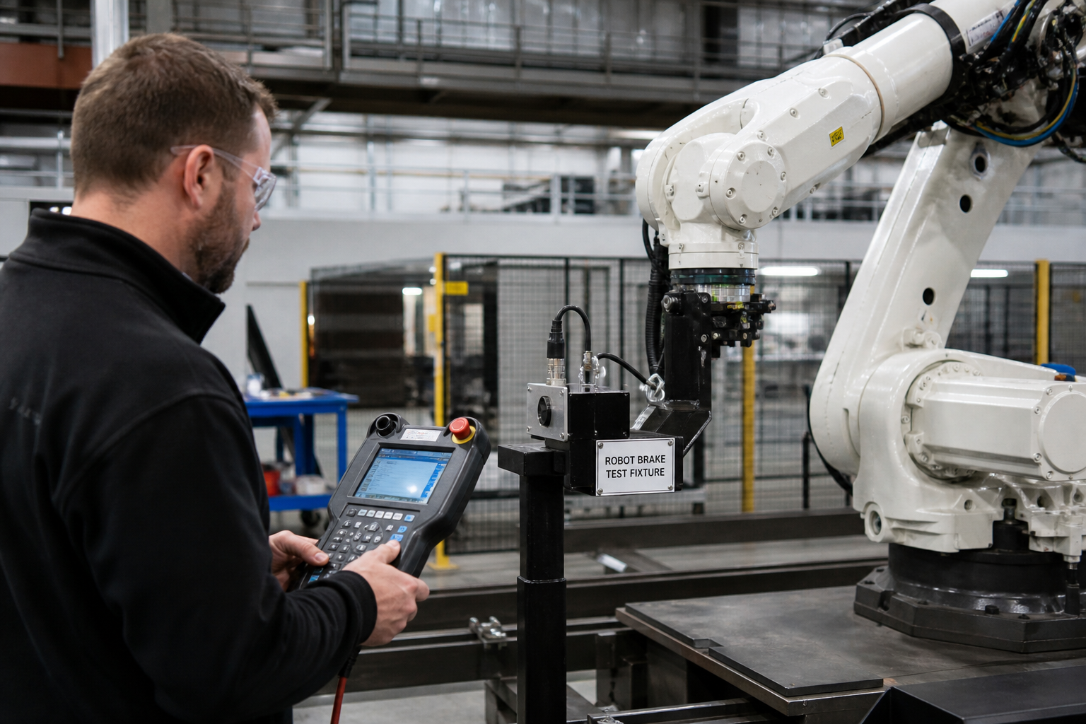 Engineer conducting path verification on a robot cell after repair, tablet showing verification sequence