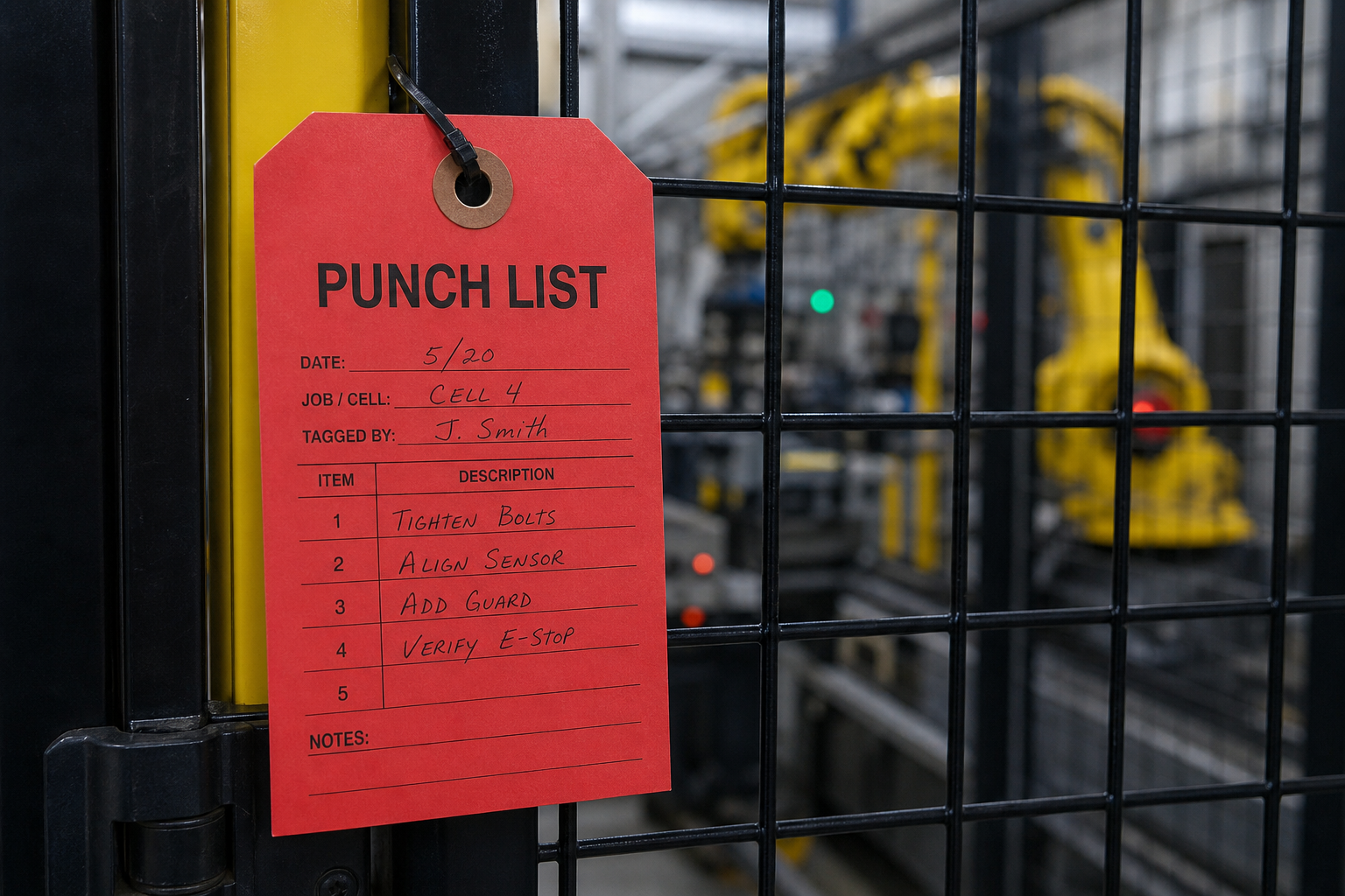 게이트에 punch-list 태그가 붙은 로봇 셀 펜스