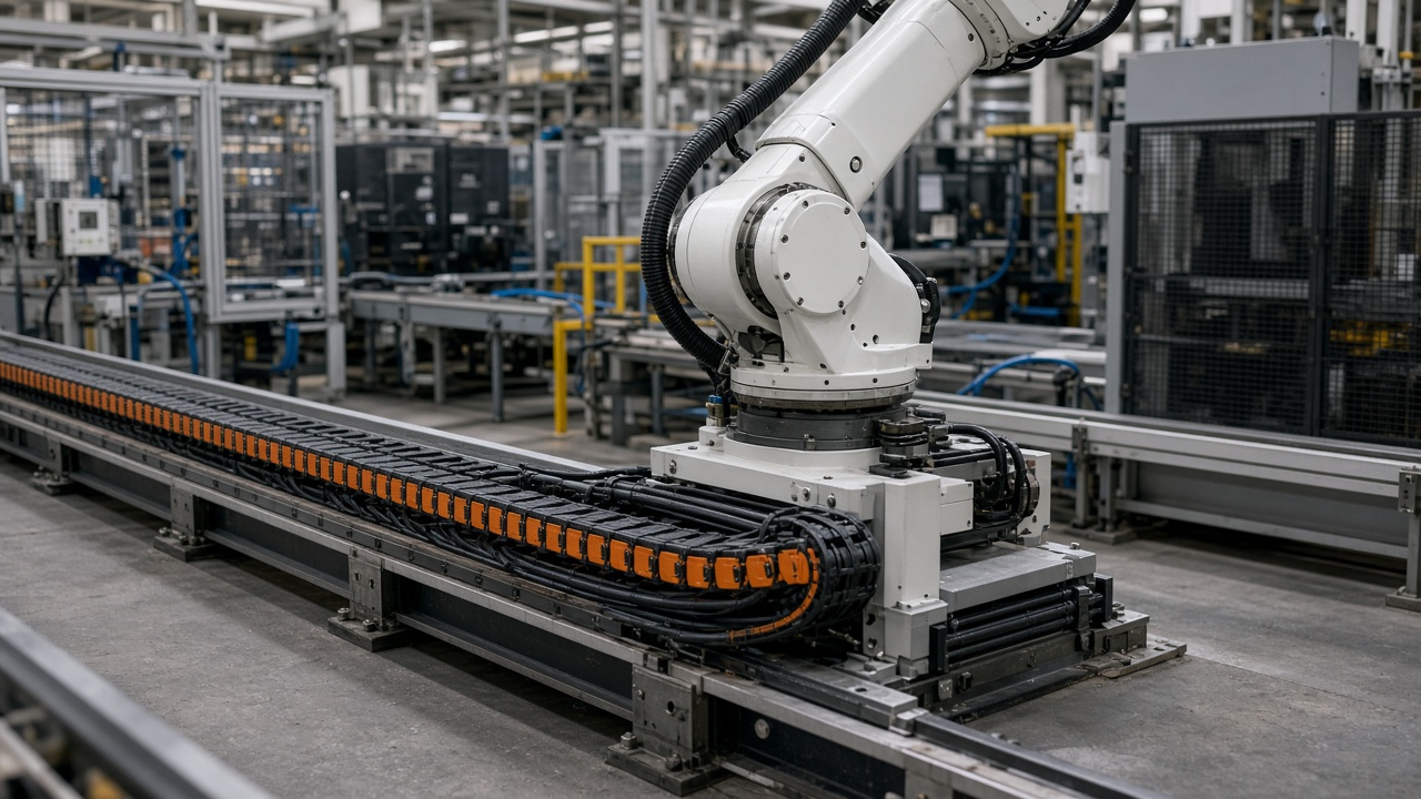 Robot energy chain on a seventh-axis track