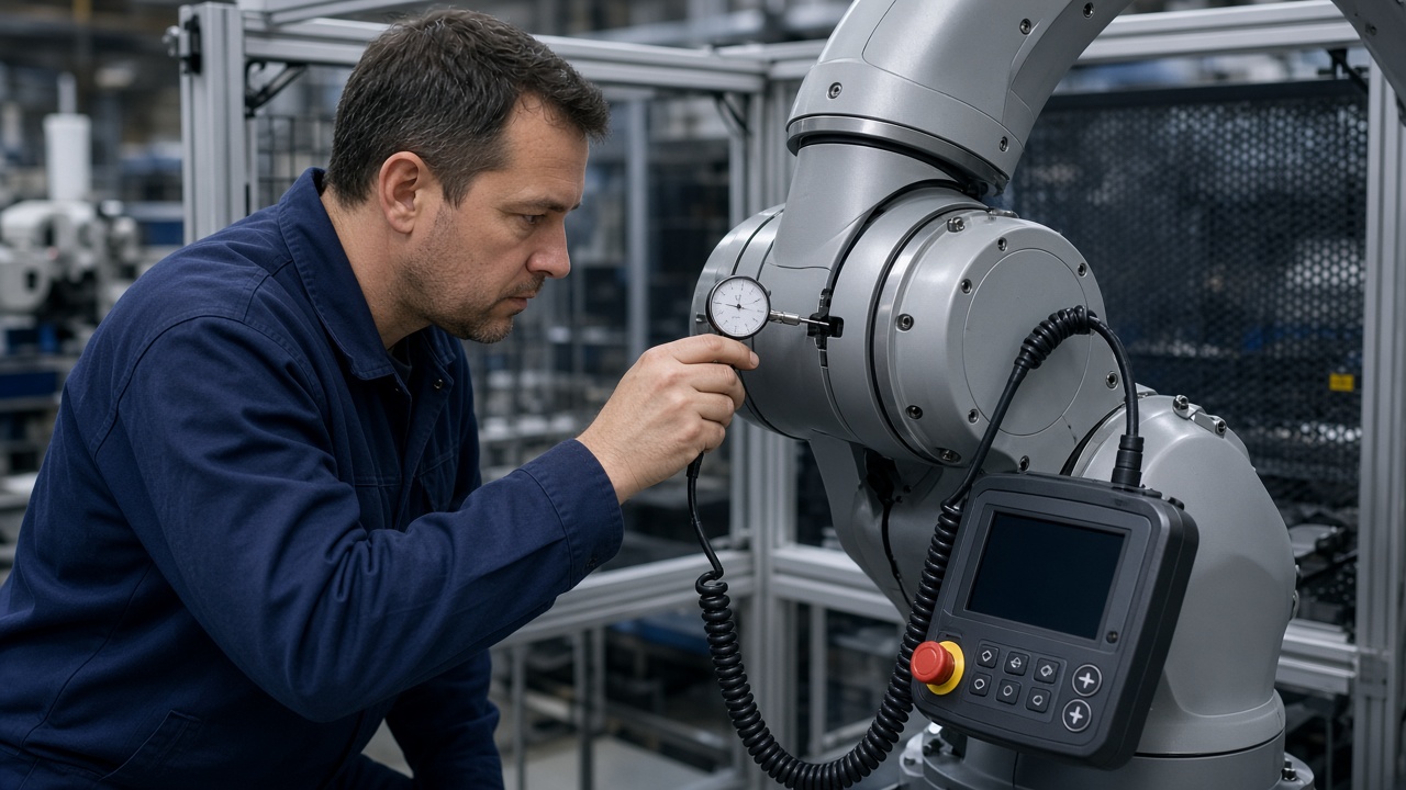 Technician mastering a robot axis with a dial gauge at the reference notch