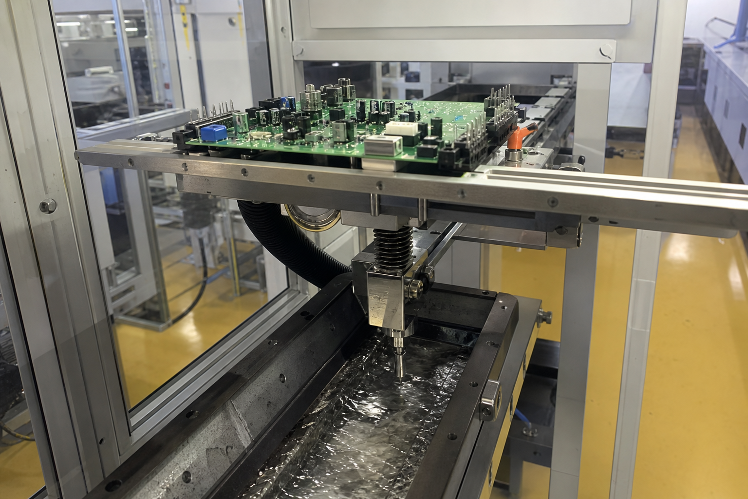 Selective soldering cell on an electronics line