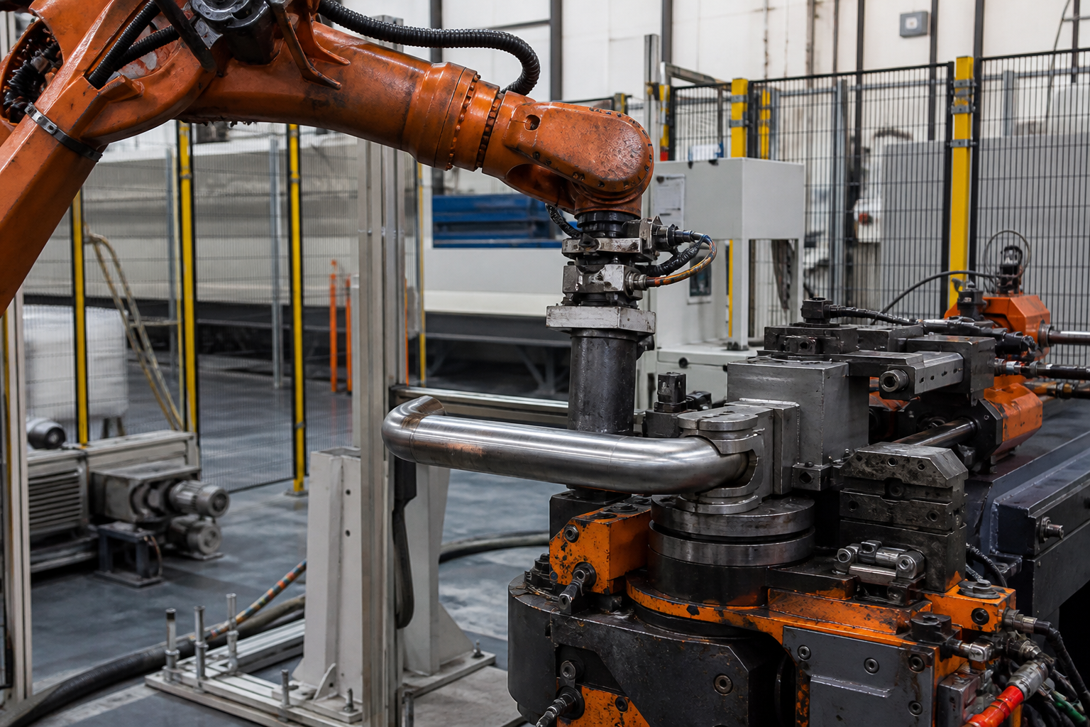 Robotic tube bending cell on a metal fab floor