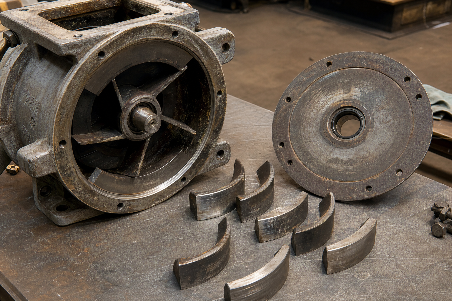 Worn rotary airlock rotor vanes showing tip clearance wear on a bench