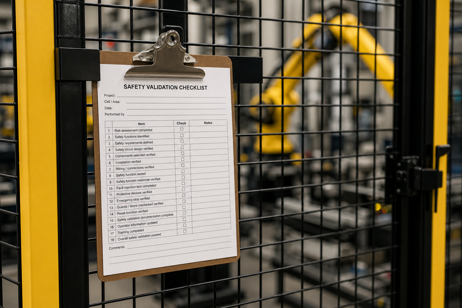 Safety validation sheet clipped to a robot cell fence
