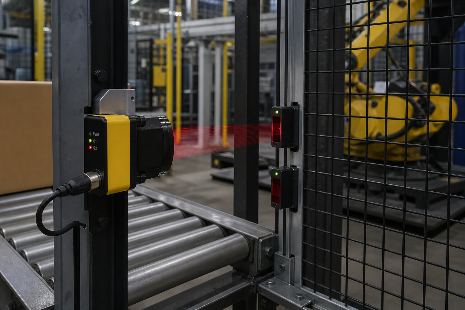 Laser scanner field with muting sensors on a conveyor infeed