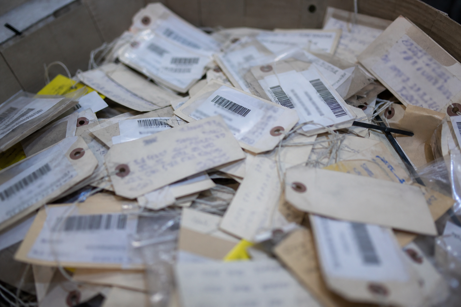Mixed handwritten scrap tags and barcode labels in a quality bin