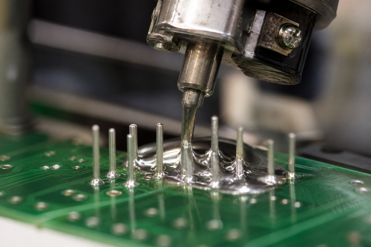Selective solder nozzle on PCB pins