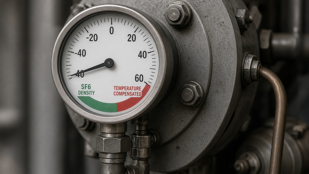 Close-up of a temperature-compensated SF₆ density gauge on a compartment flange