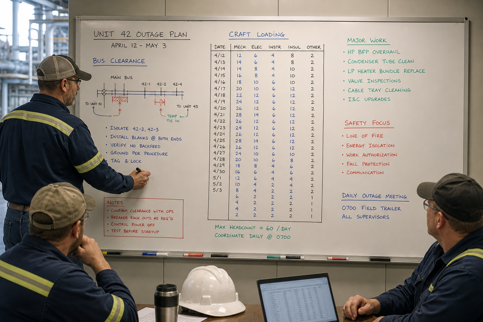Outage planning board with bus clearances and craft loading