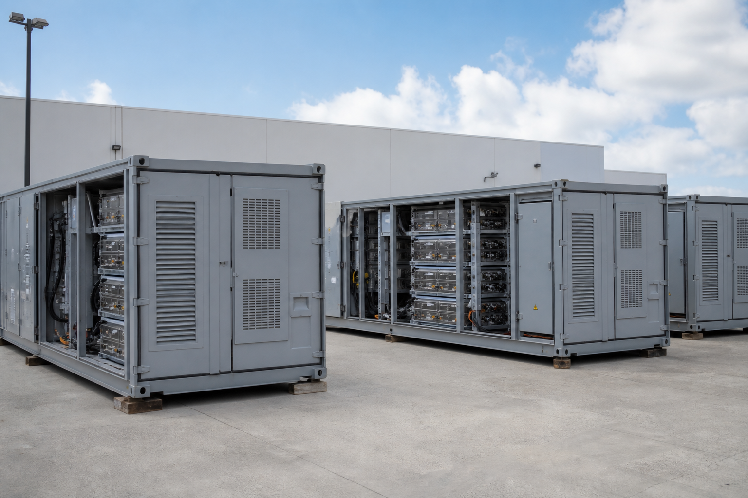 Grid storage containers staged for system integration