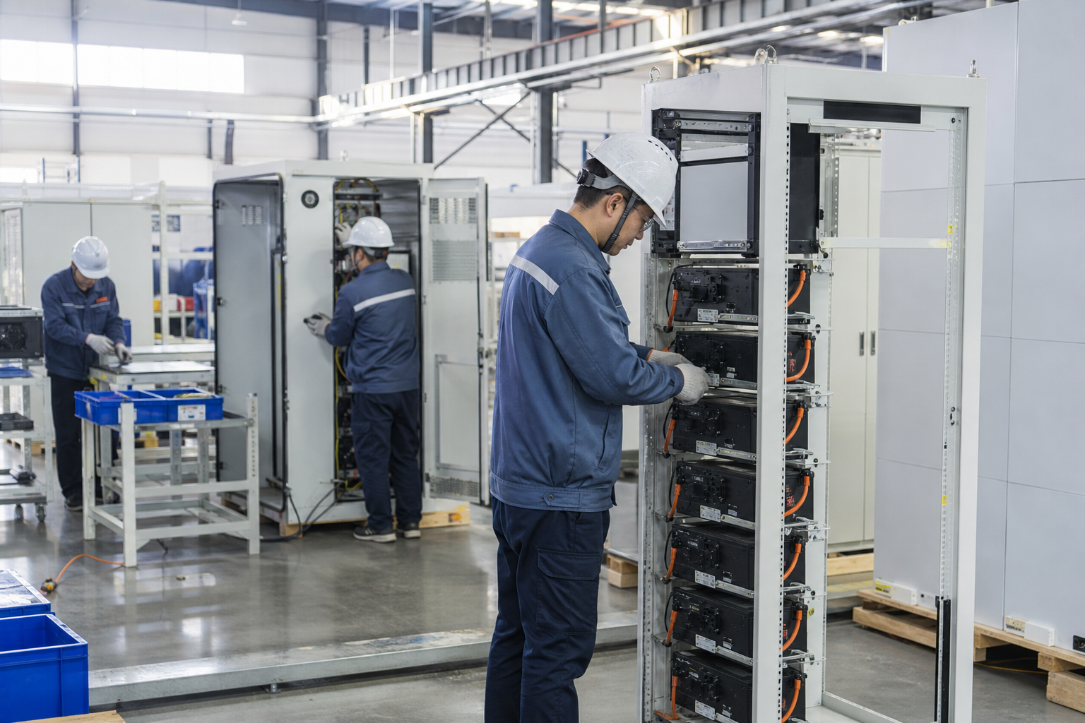 Indoor rack and PCS cabinet assembly for grid storage