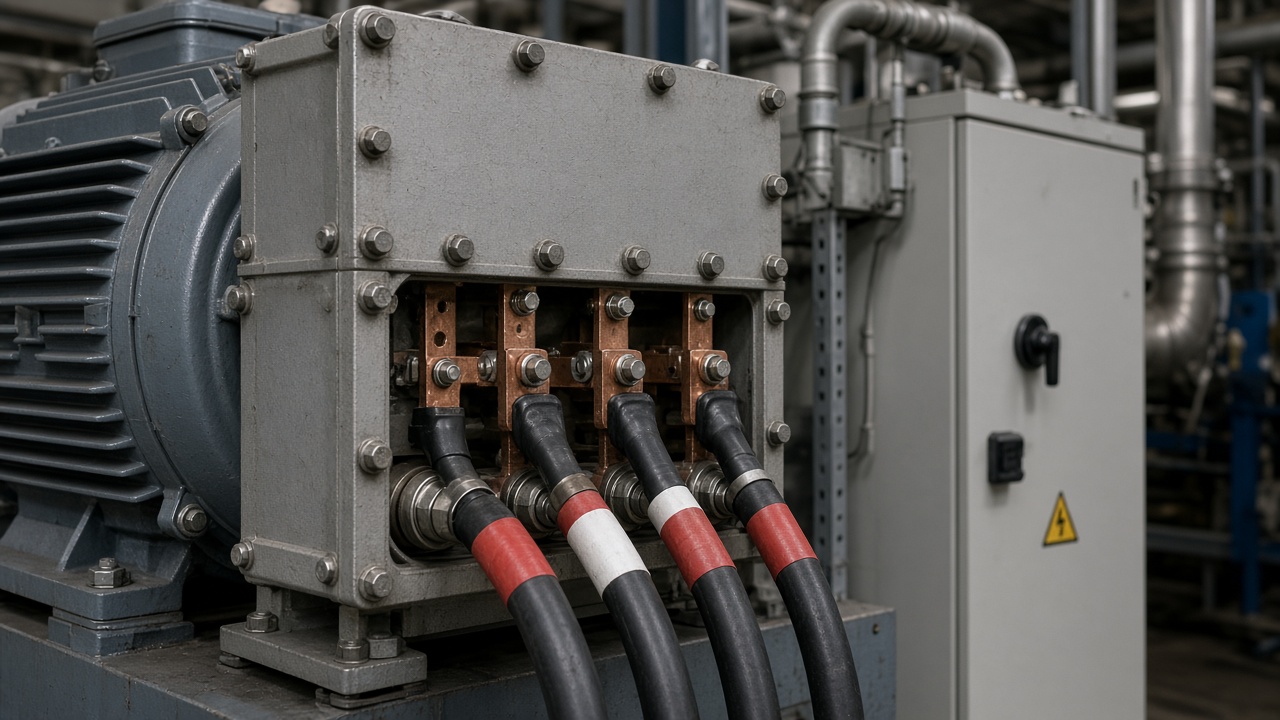 Motor terminal box and power cables at a soft-start install
