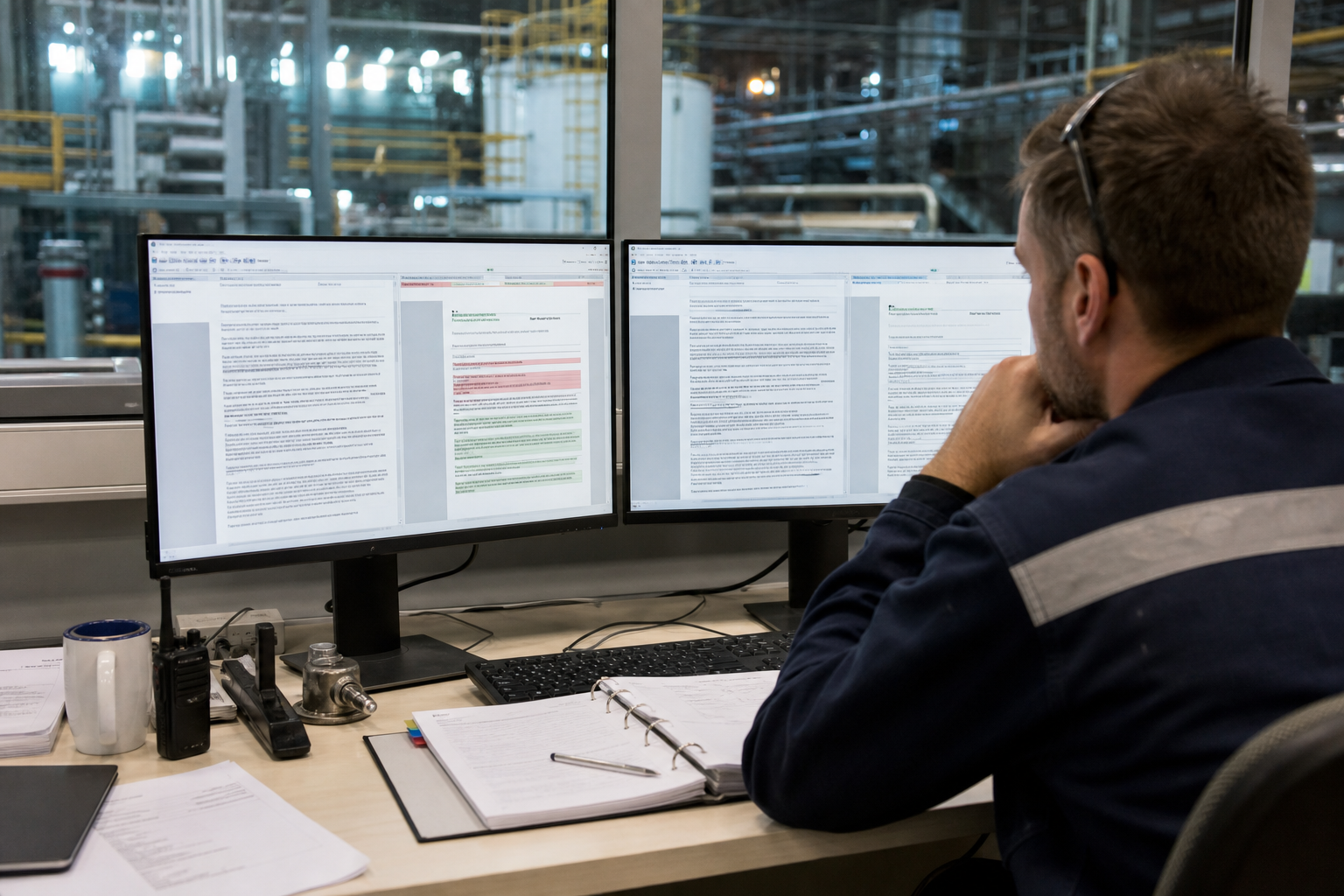 Engineer reviewing SOP versions on dual monitors