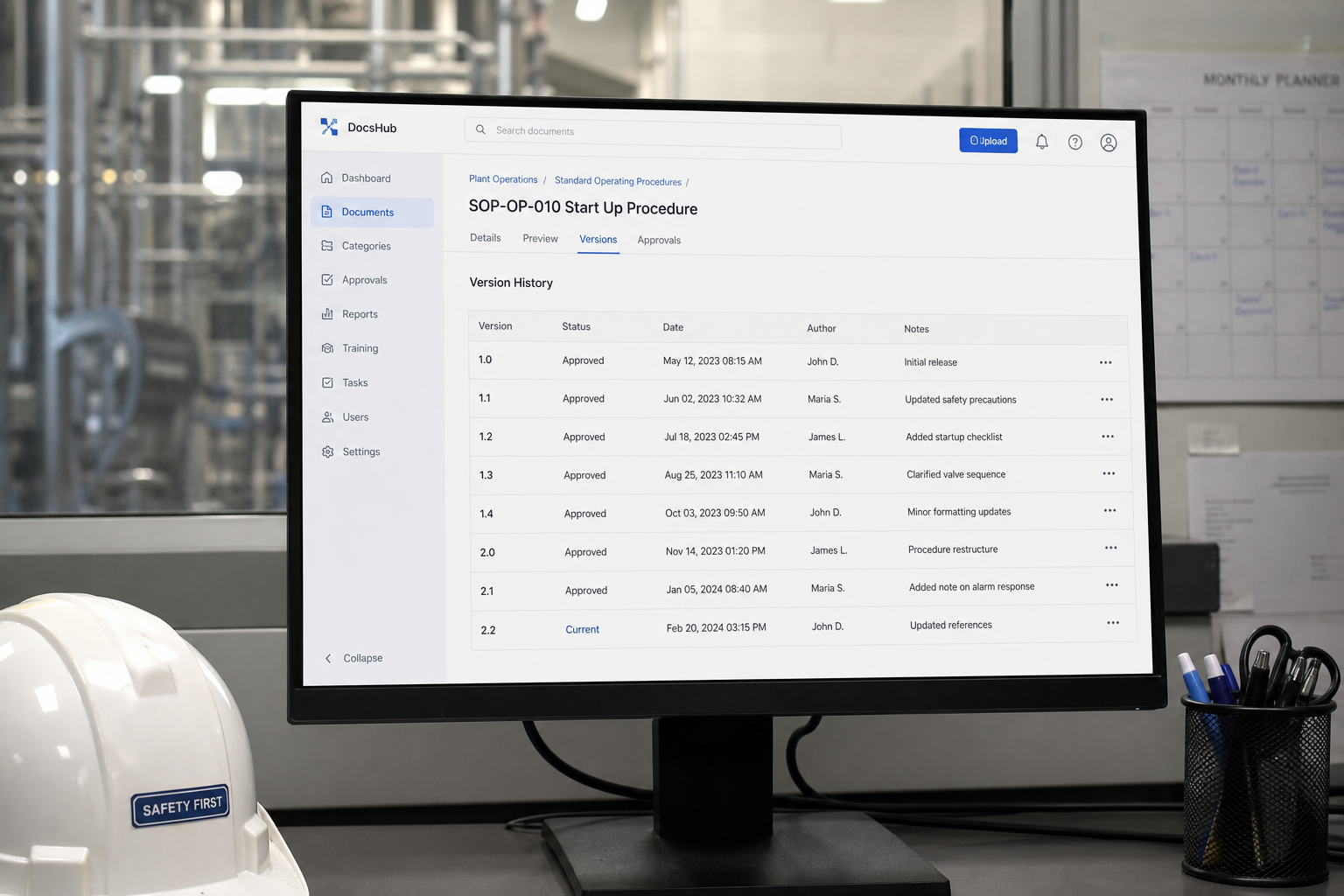 SOP version history on a document screen