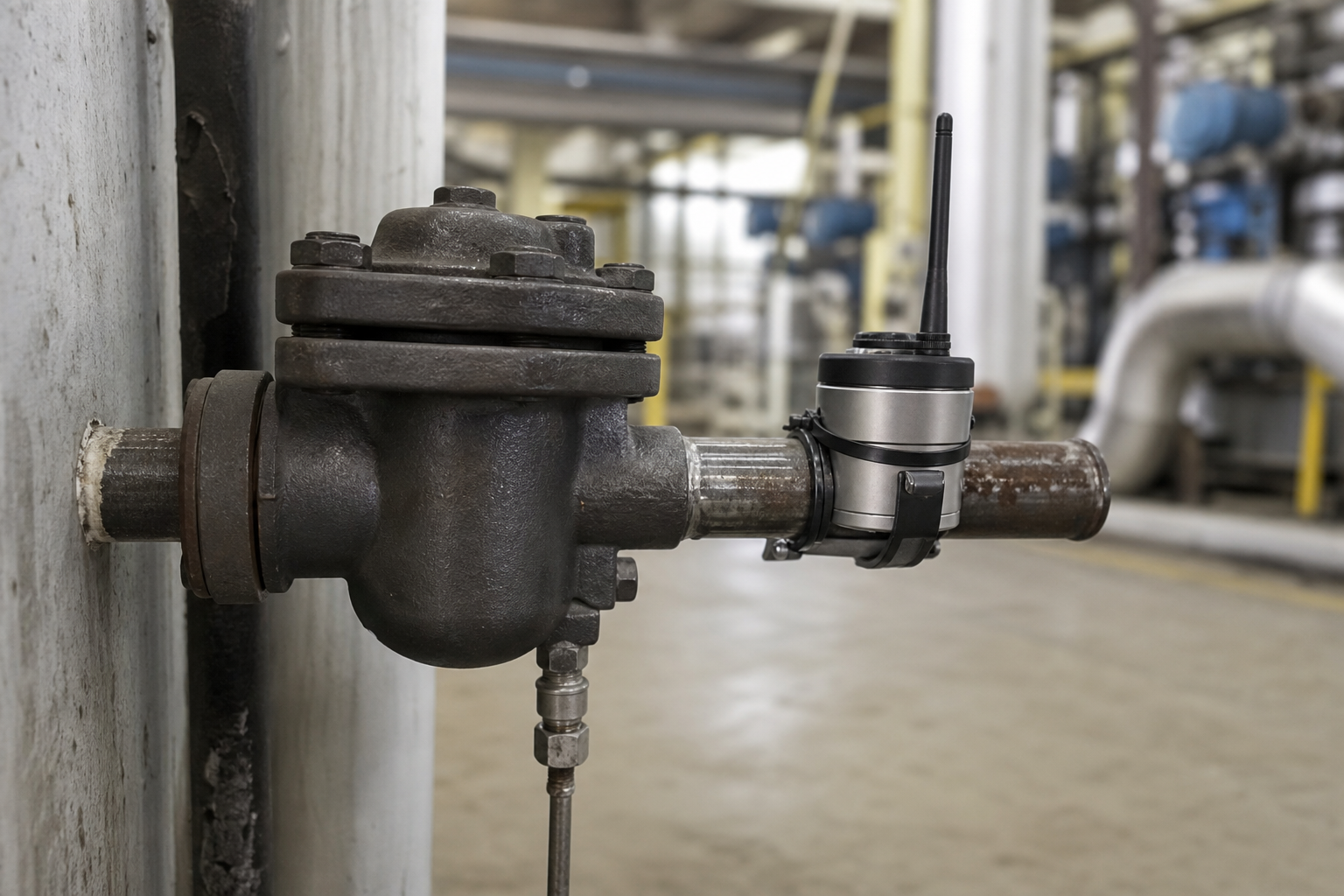 Clamp-on acoustic and temperature sensor on a steam trap outlet