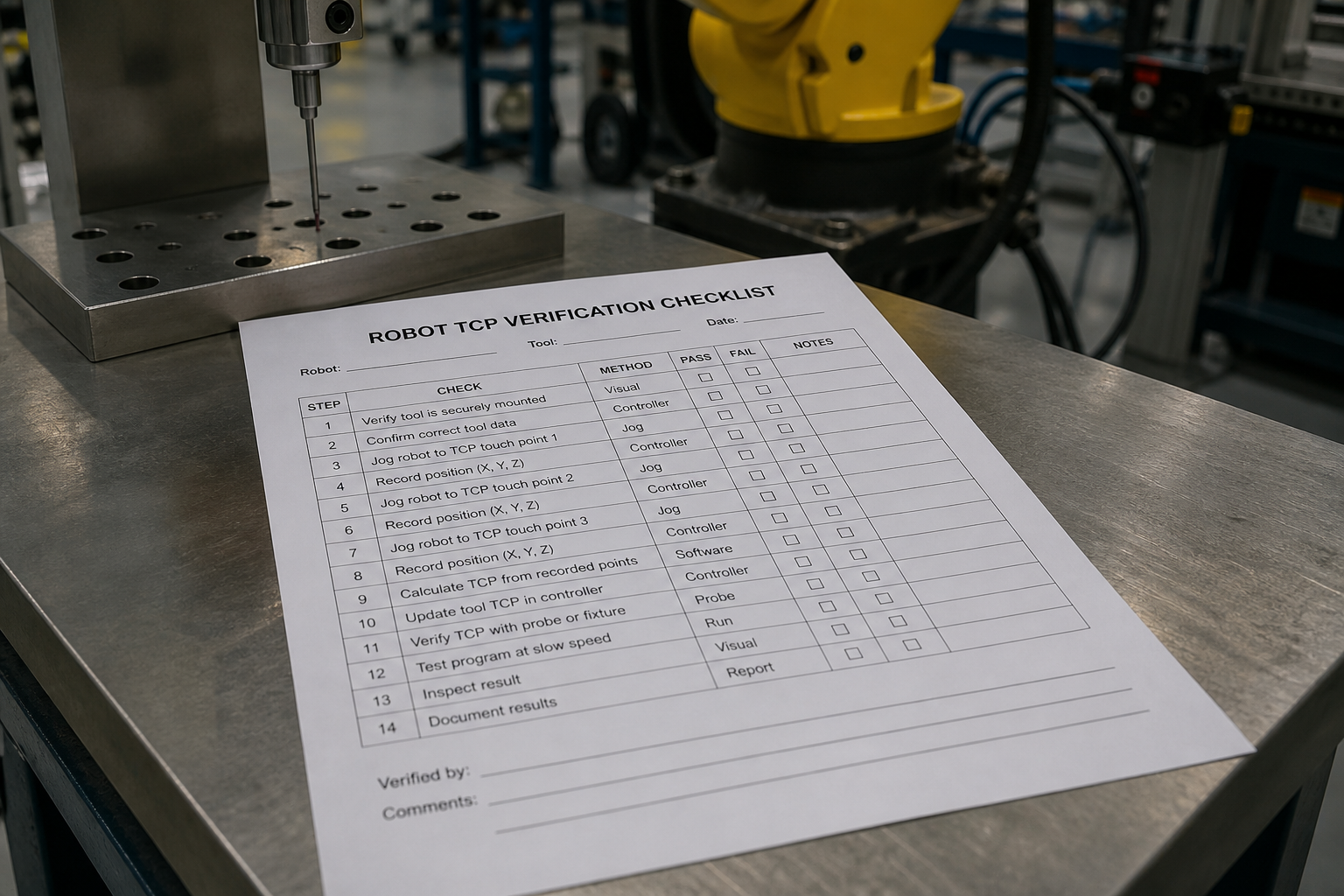 Robot hücresi masasında basılı TCP doğrulama checklist