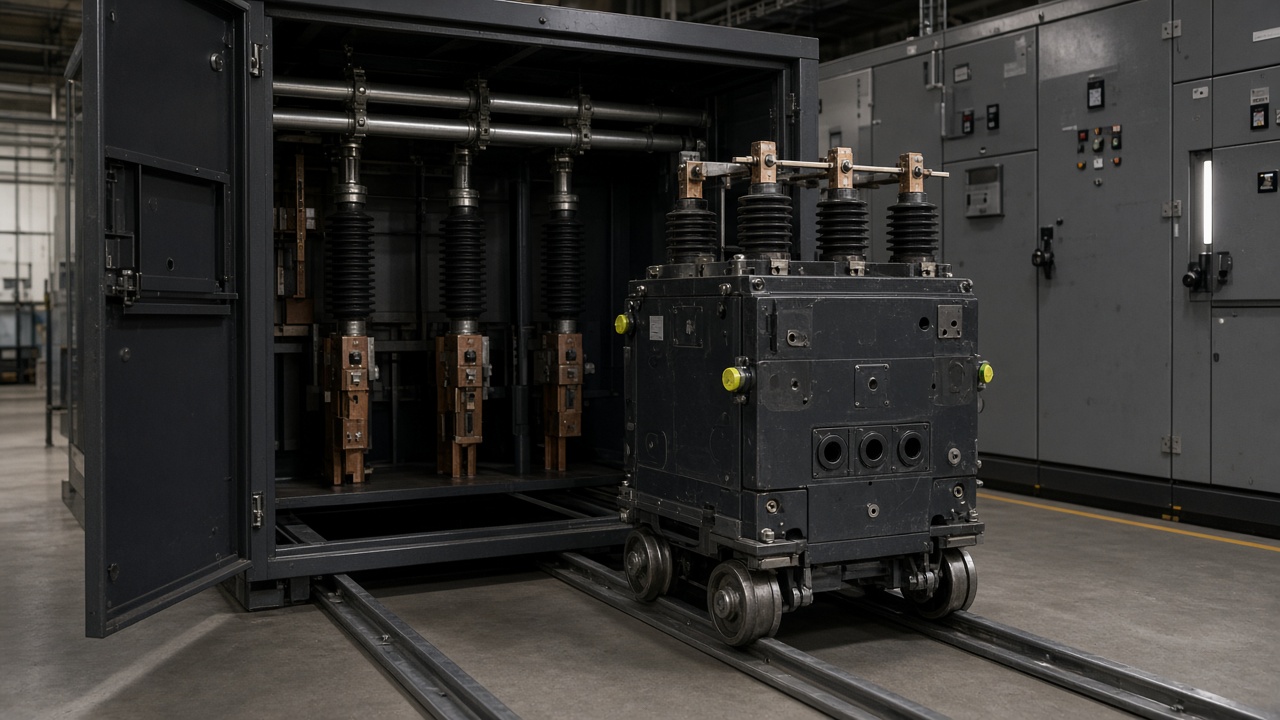 Vacuum circuit breaker truck withdrawn from a switchgear cubicle