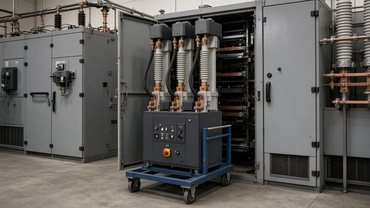Medium-voltage VCB racked out for service in a switchgear room