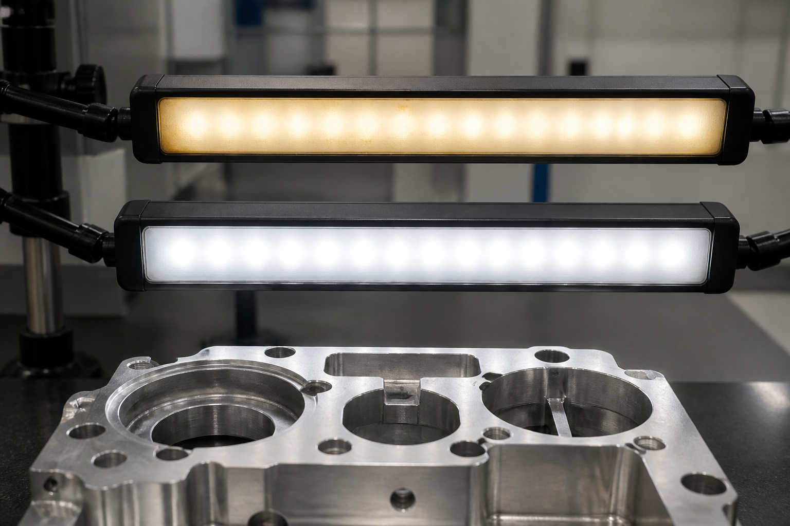 Aged LED inspection bar beside a fresh bar over a machined part