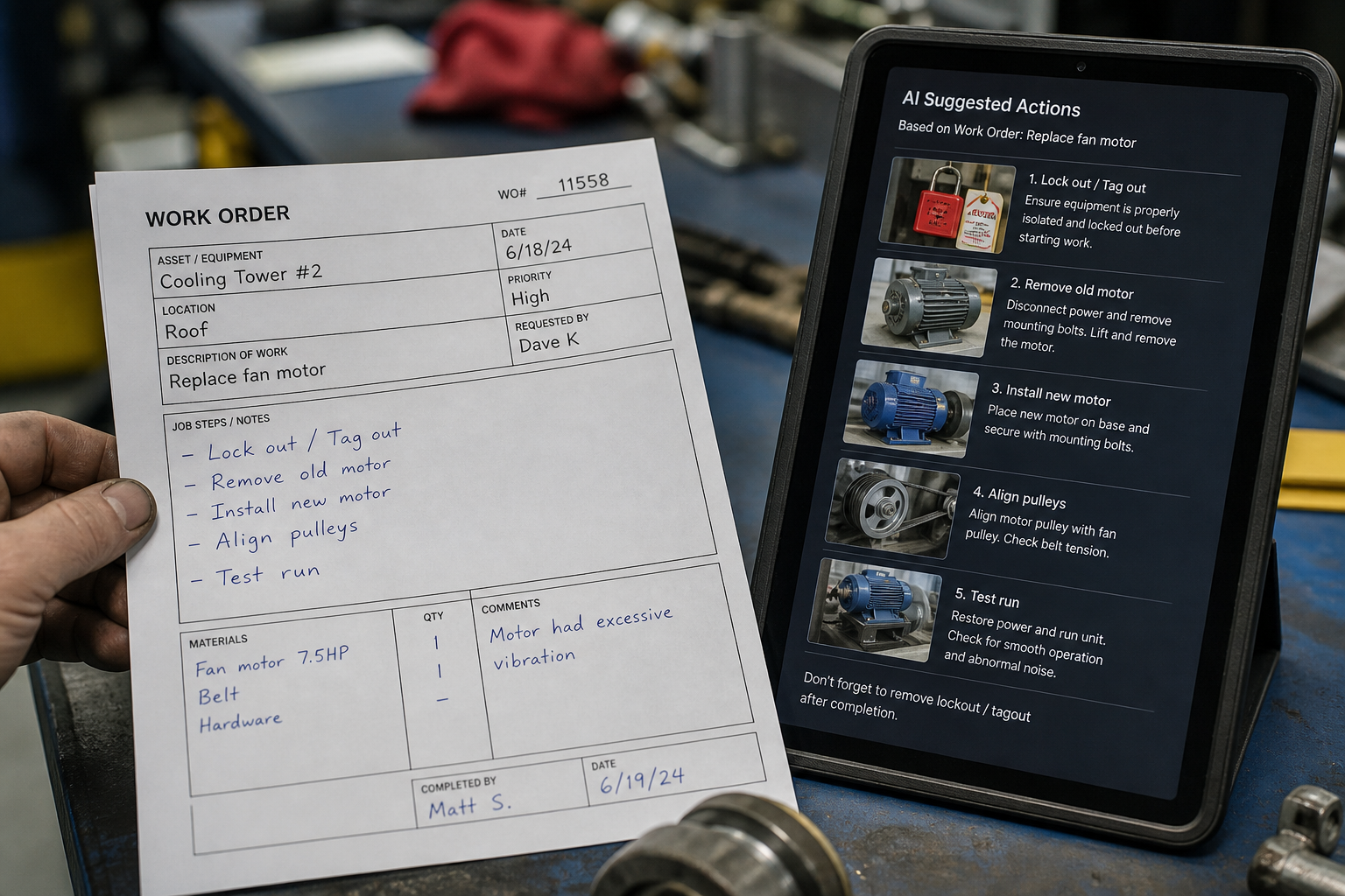 AI önerilen bakım tool eylemlerini gösteren iş emri ve tablet