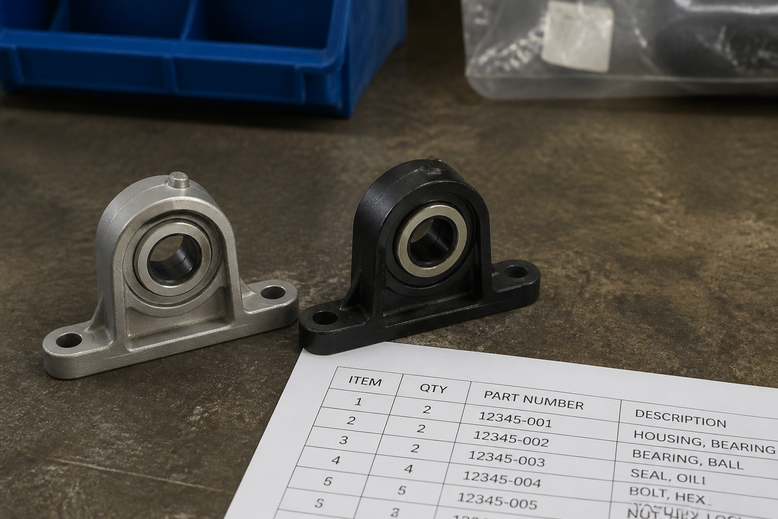 Wrong spare part on a bench beside the correct OEM part and BOM